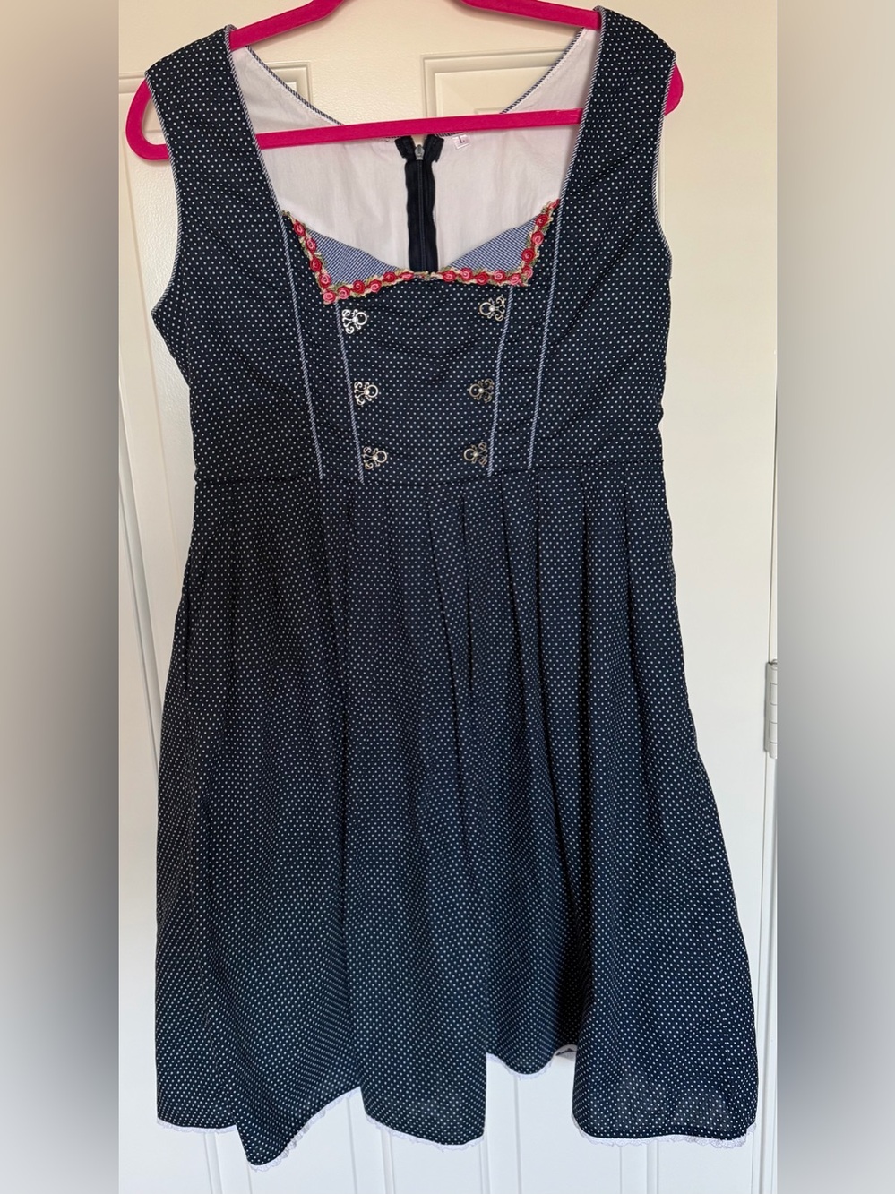 Navy Polka Dot Fit-and-Flare Dress with Pink Trim